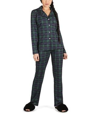 Memoi Plaid Notch Collar Cotton Blend Pajama Set - Blue