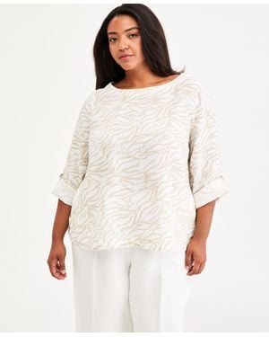 Charter Club Plus Size Printed Linen Top - White