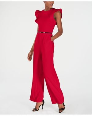 Calvin Klein Petite Belted Ruffle-sleeve Jumpsuit - Red