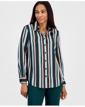 Kasper Long-sleeve Button-front Striped Blouse - Blue