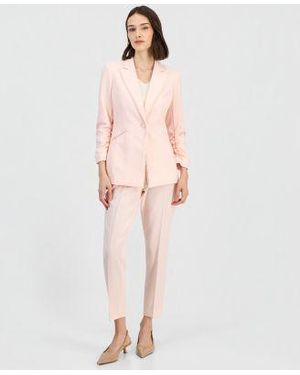 Tahari Faux Pearl Trim Ruched Sleeve Blazer Straight Leg Ankle Pants - Pink
