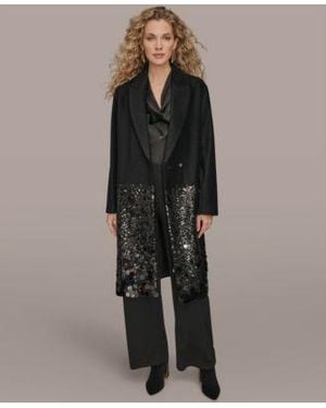 Donna Karan Sequin Embellished Coat Satin Top Wide Leg Pants - Black