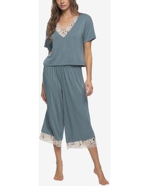 Felina Regular Amelie Jersey Vintage Lace Crop Tee Crop Wide Leg Pants - Blue