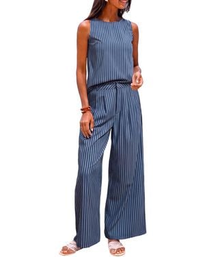 CUPSHE Vertical Stripe Sleeveless Top And Wide Leg Pants Matching Set - Blue
