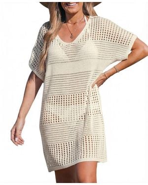 CUPSHE Crochet Short Sleeve Cover-up Mini Beach Dress - Natural