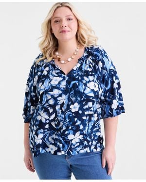 Style & Co. Plus Size Printed Flutter-sleeve Top - Blue