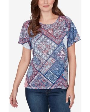 Ruby Rd. Petite Patchwork Shirred Scoop Neck T-shirt - Blue