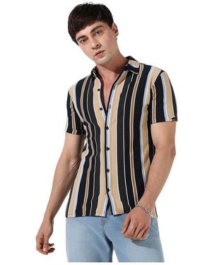 Campus Sutra Striped Button Up Cotton Shirt - White