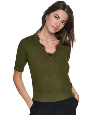 DKNY Lace Trim Crewneck Short-sleeve Cotton Sweater - Green
