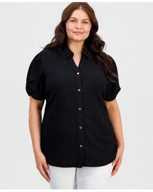 Kasper Plus Size Button-front Pleated-sleeve Top - Black
