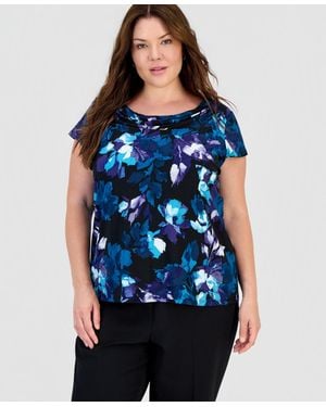 Kasper Plus Size Floral-print Cowl-neck Cap-sleeve Blouse - Blue