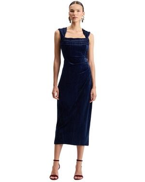Avec Les Filles Textured Velvet Asymmetric Square-neck Midi Dress - Blue