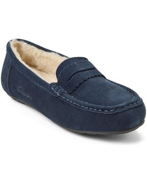 Clarks Memory Foam Moccasin Penny Loafer Suede Slippers - Blue