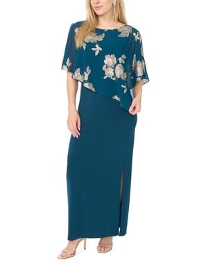 Msk Metallic Floral-print Crewneck Short-sleeve Maxi Dress - Blue