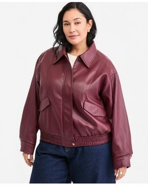 On 34th Plus Size Long-sleeve Faux Leather Bomber Jacket - Red