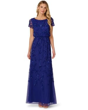 Adrianna Papell Floral Bead Embellished Blouson Short-sleeve Gown - Blue