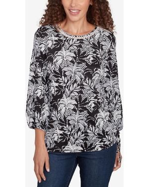 Ruby Rd. Petite Monotone Palms Puff Print Side Tie Top - Black