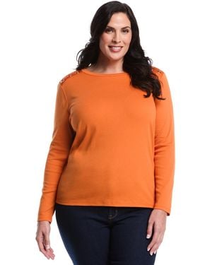 Rafaella Plus Size Laced Crew Neck Long Sleeve Top - Orange