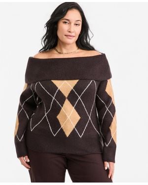 On 34th Plus Size Off-the-shoulder Argyle Sweater - Black