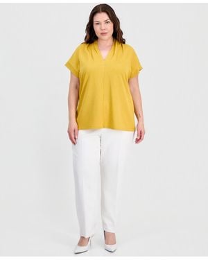 Kasper Plus Size V-neck Short-sleeve Blouse - Yellow