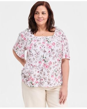 Style & Co. Plus Size Short Flutter-sleeve Square-neck Knit Top - White