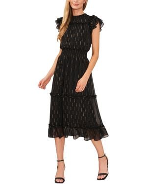 Cece Metallic Print Ruffled Smocked Waist Midi Dress - Black