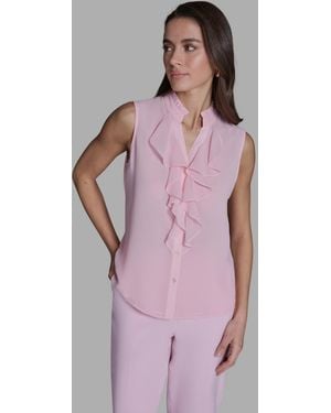 BCBGMAXAZRIA Sleeveless V-neck Ruffle Front Blouse - Purple
