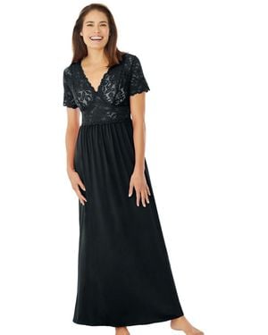 Amoureuse Plus Size Long Lace Top Stretch Knit Gown - Black