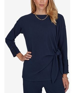Ruby Rd. Petite Long-sleeve Boat-neck Side-tie Top - Blue