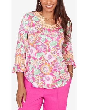 Ruby Rd. Petite Floral Puff Print Ruffle-sleeve Knit Top - Pink