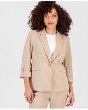 Anne Klein Essentials Petite Roll-tab-sleeve One-button Blazer - Natural