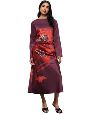 Warehouse Floral Placement Print Satin Midi Dress - Red