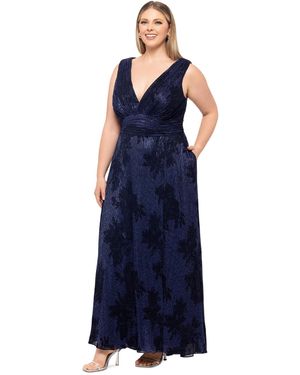 Betsy & Adam Plus Size Crinkle Sleeveless V-neck Gown - Blue