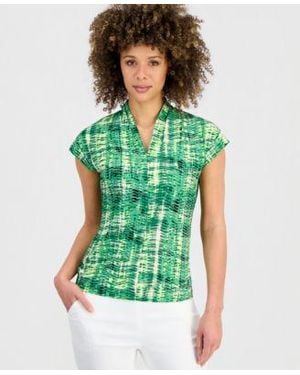 Kasper Printed V Neck Cap Sleeve Top - Green