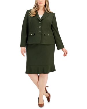 Le Suit Plus Size Three-button Jacket & Flounce-hem Skirt Set - Green