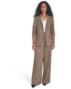 Calvin Klein Novelty One Button Blazer Wide Leg Pants Mixed Media Sleeveless Blouse - Brown