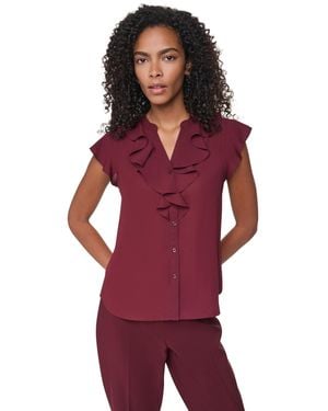 DKNY Petite Ruffle Front V-neck Short-sleeve Blouse - Red