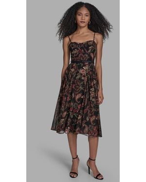 BCBGMAXAZRIA Printed Sweetheart Neck Midi Dress - Brown