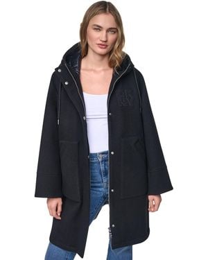 DKNY Mix Media Hooded Quilted Puffer Coat - Blue