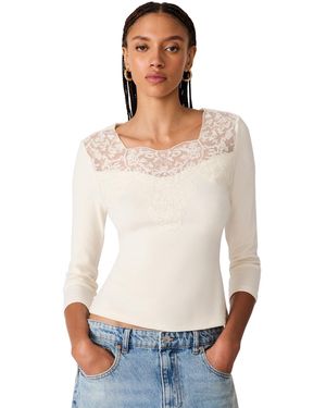 Steve Madden Rib Knit Lace Trim 3/4 Sleeve Square Neck Top - White