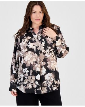 Anne Klein Plus Size Band-collar Popover Blouse - Black