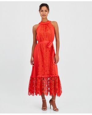 Tahari Sleeveless Halter Lace Maxi Dress - Red