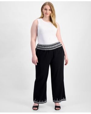 And Now This Trendy Plus Size Embroidered Cotton Wide Leg Pants - Black