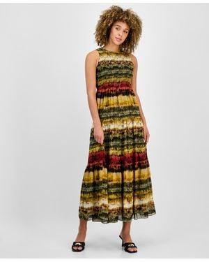Anne Klein Printed Smocked Sleeveless Maxi Dress P Xxs Xl - Metallic