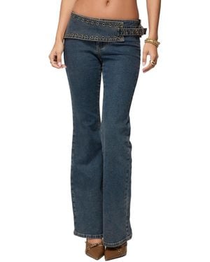 Edikted Asymmetric Grommet Belt Low Rise Flared Jeans - Blue