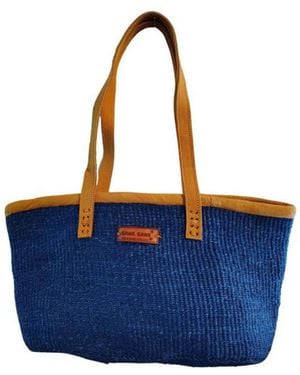 Sawa Sawa Nourishment Rectangular Handmade Laptop Work Sisal Straw Basket Tote Handbag - Blue