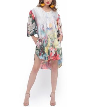Terese Sydonna Belted Floral Print Butterfly Sleeve Hi-lo Charmeuse Dress - Multicolor