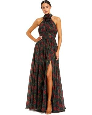 Mac Duggal Floral Chiffon 3d Flower Halter Neck Gown - Brown