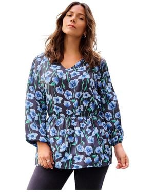 Avenue Plus Size V Neck Blouson Elastic Waist Blouse - Blue