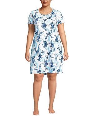 Lands' End Plus Size Cotton Short Sleeve Knee Length Nightgown - Blue